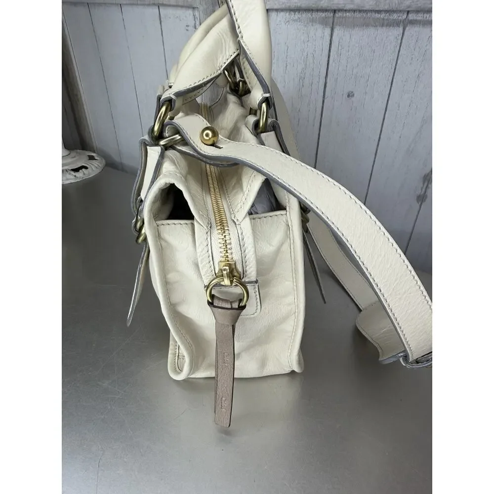 Chloé Bay Top Handle Shoulder Bag Cream Crinkle Leather Satchel Chunky Zip